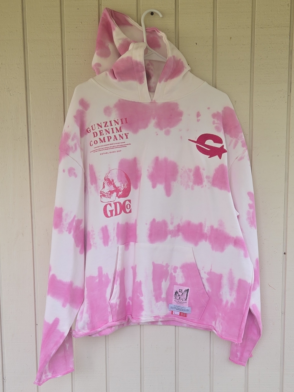 Gunzinii Denim & Co. Mens Pink + White Tie-Dye Fleece Hoodie Large